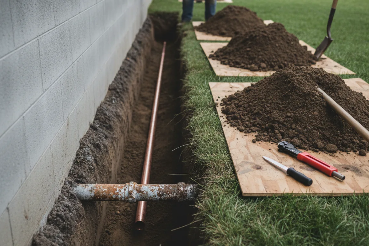 Excavated water line trench during Sewer Line Repair in Mindenmines